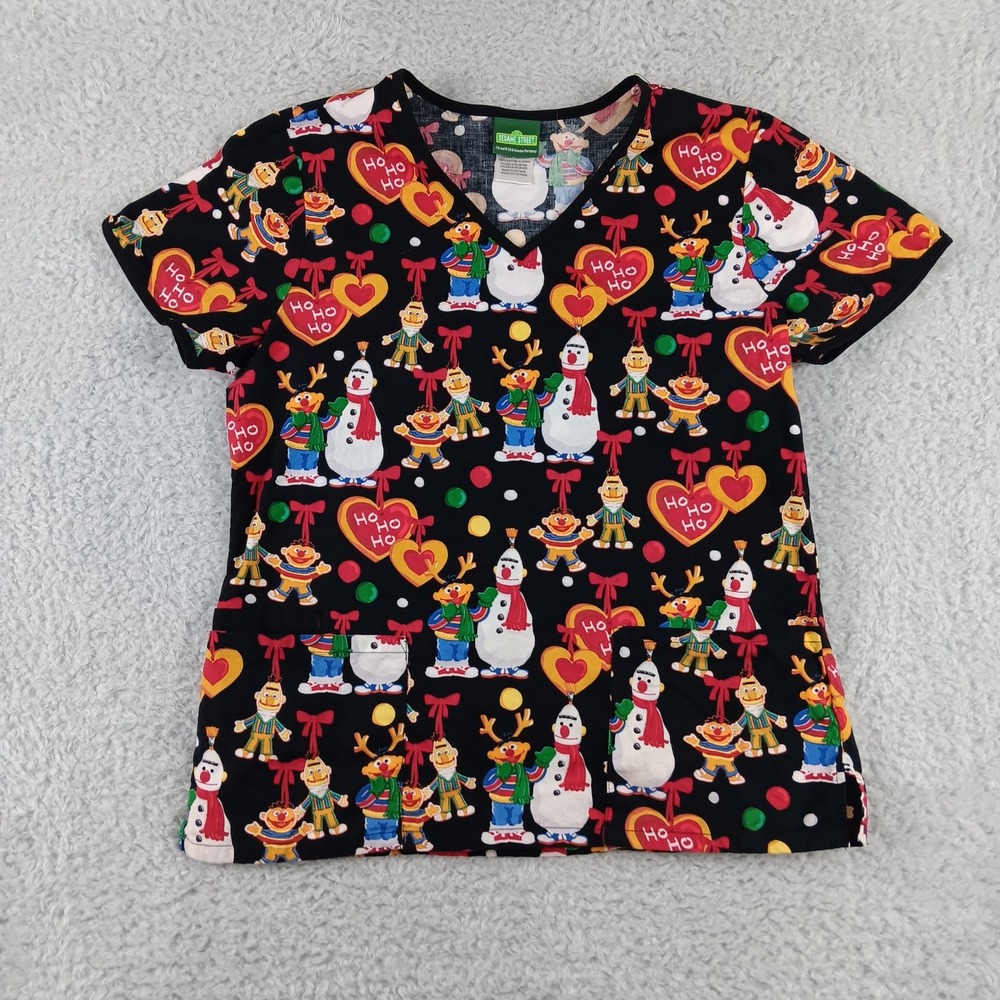 Sesame Street Womens Christmas Scrub Top Black Bert Ernie‎ Elmo 6846C Medium